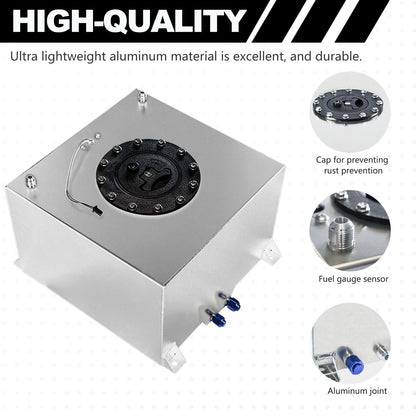 Saifence® Polished Aluminum Fuel Cell with Integrated Locking Cap and Level Sender - Universal Race, Rod, and Off-Road Fuel Tank