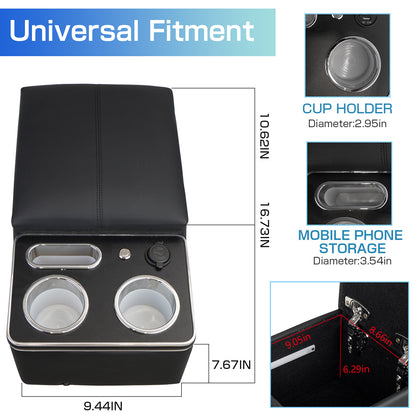 Saifence® Car Armrest Storage Box with Cup & Phone Holder - Universal Center Console Organizer for Truck, Van, Back Bench Seat (Black)