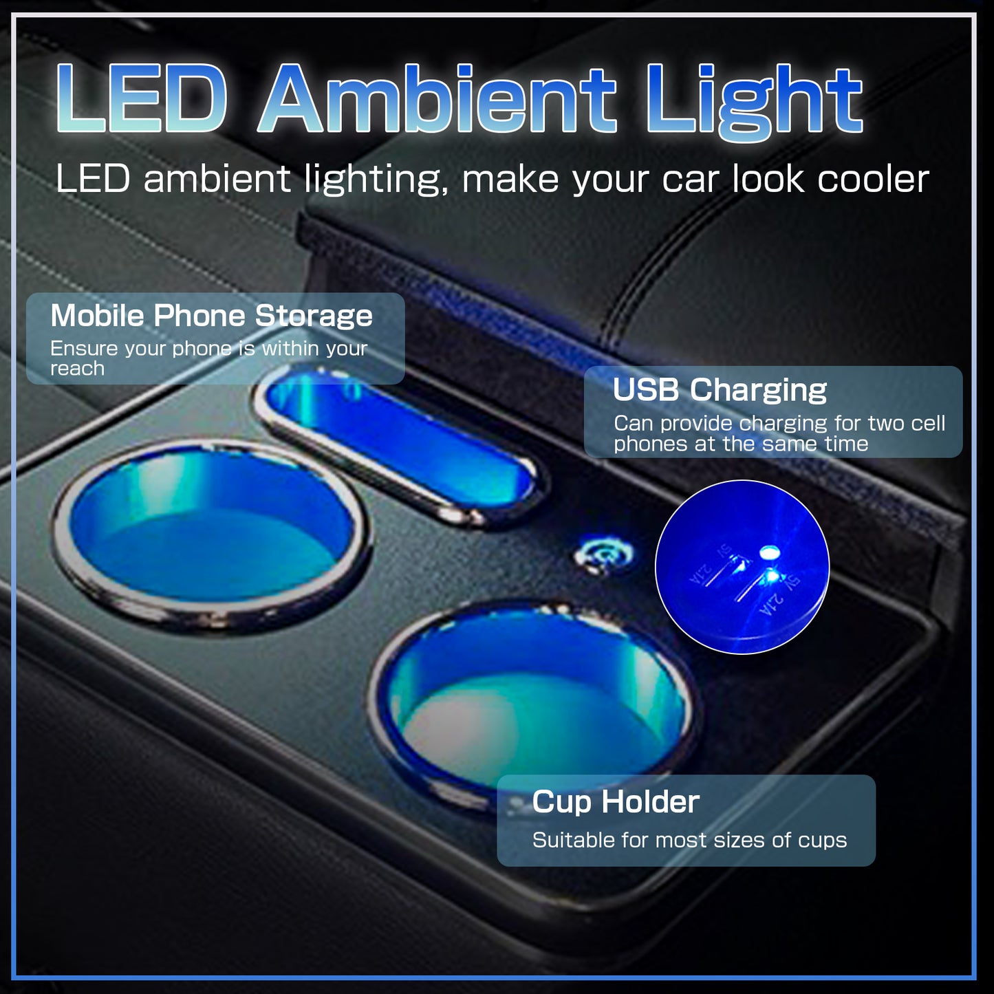 Saifence® Car Armrest Storage Box with Cup & Phone Holder - Universal Center Console Organizer for Truck, Van, Back Bench Seat (Black)